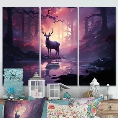 Design Art Deer Whispering Mist Ii - Animals Metal Wall Art Set In Black;purple