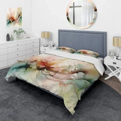 Design Art Delicate Floral Impressions I - Floral Duvet Cover Set In Green;orange