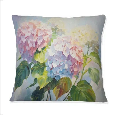 Design Art Delicate Hydrangea Bouquet Gentle Pastel I - Hydrangea Printed Throw Pillow In Blue;pink