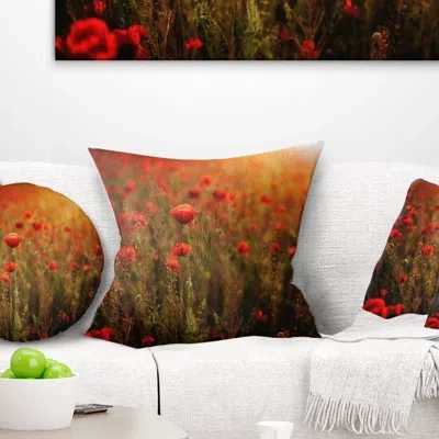 Design Art Dense Poppy Field At Sunset - Floral Printed Pillow In Red