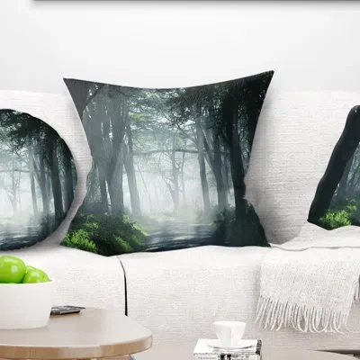 Design Art Dense Rain Forest At Sunrise - Landscape Printed Pillow In Green