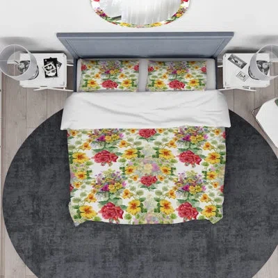 Design Art Designart Blooming Roses And Hibiscus Duvet Cover Set In Red,yellow,gold