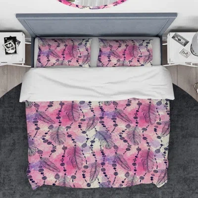Design Art Designart Bohemian Feathers And Beads Duvet Cover Set In Pink,purple