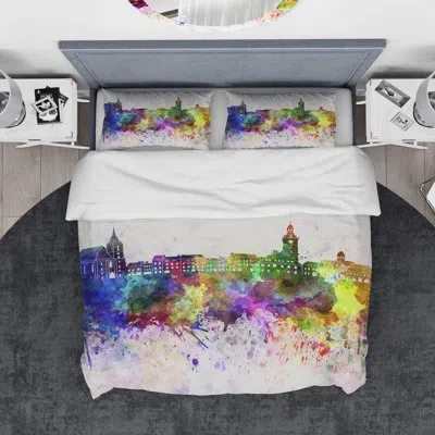 Design Art Designart Brasov Skyline Duvet Cover Set In Purple,yellow