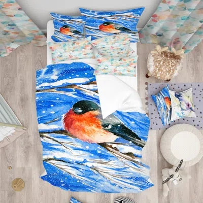 Design Art Designart Bullfinch In Snow Storm Duvet Cover Set In Blue