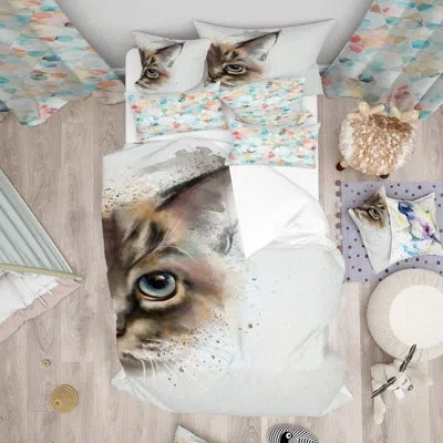 Design Art Designart Cat Half Face Watercolor Duvet Cover Set In White