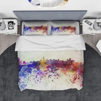 Design Art Designart Chicago Skyline Duvet Cover Set In Purple,yellow