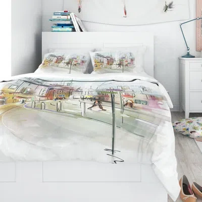 Design Art Designart Colorful Illustration Of City Duvet Cover Set In Yellow,gray