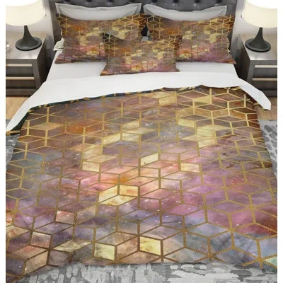 Design Art Designart Cubes On Nebula Background Duvet Cover Set In Yellow;purple;gold