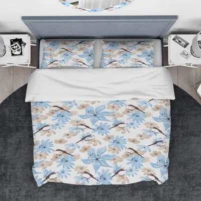 Design Art Designart Drawing Of Flowers With Little Bird Duvet Cover Set In Blue,brown