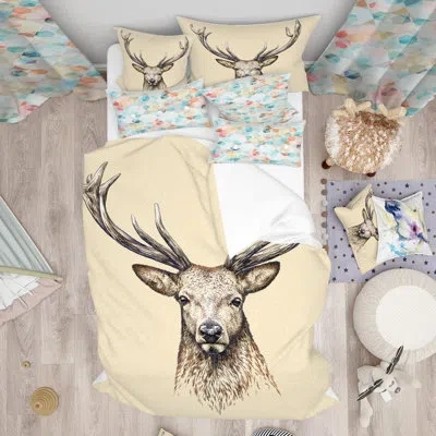 Design Art Designart Engrave Deer Illustration Sketch Animals Duvet Cover Set In Brown