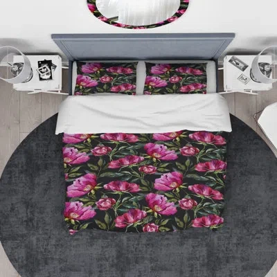 Design Art Designart Flowers On Dark Background Hand Painted Duvet Cover Set In Purple,black