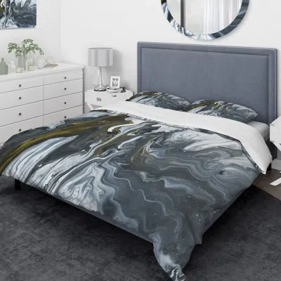 Design Art Designart Hand Painted Marble Acrylic Duvet Cover Set In Gray,silver,white