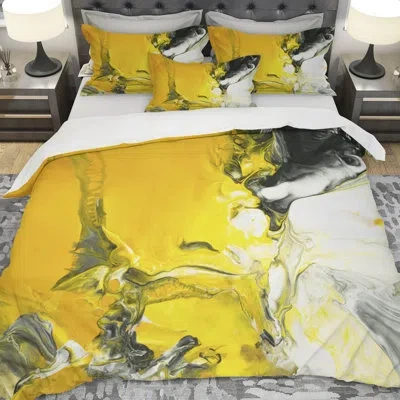 Design Art Designart Hand Painted Marbled Acrylic Duvet Cover Set In White;yellow;gold