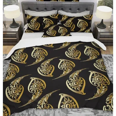 Design Art Designart Luxury Peacock Feathers Duvet Cover Set In Yellow,gold,black