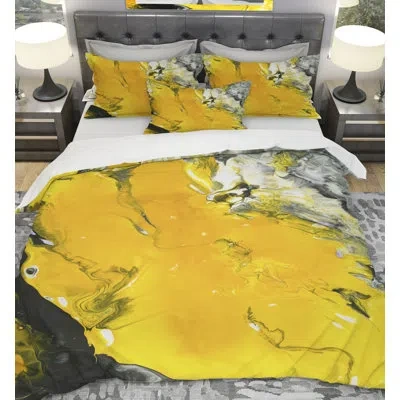 Design Art Designart Marbled Acrylic Painting Duvet Cover Set In Black;yellow;gold
