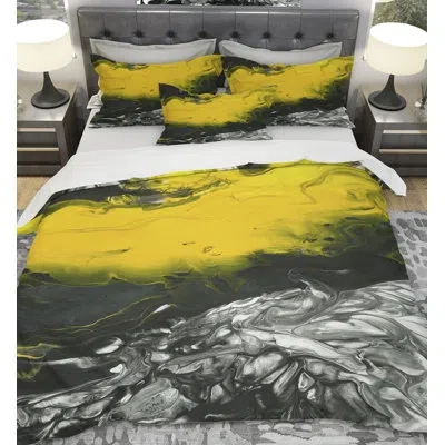 Design Art Designart Marbled Acrylic Painting Duvet Cover Set In Black;yellow;gold