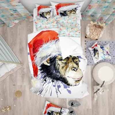 Design Art Designart Monkey Santa Clause Duvet Cover Set In Red,gray