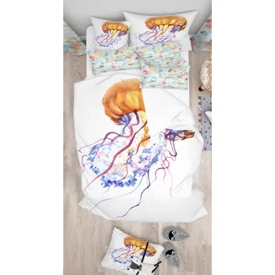 Design Art Designart Ocean Water Jellyfish Duvet Cover Set In Orange