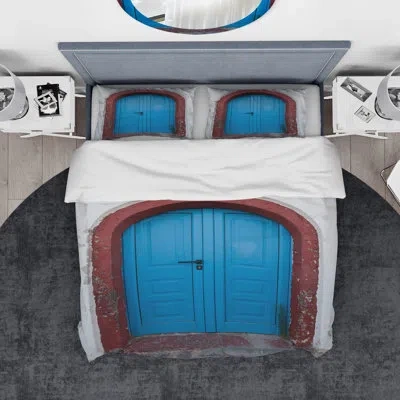 Design Art Designart Old Traditional Door In Oia Santorini Greece Duvet Cover Set In Blue;red
