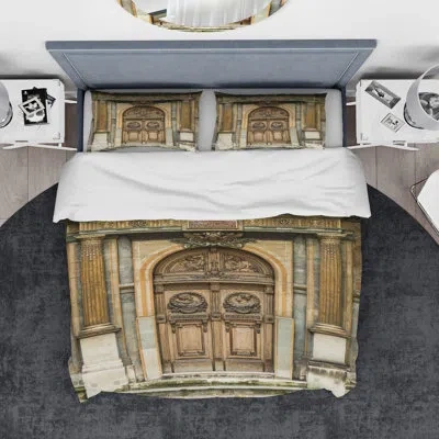 Design Art Designart Old Wooden Door With Carvings In Paris, France Duvet Cover Set In Brown;yellow;gold