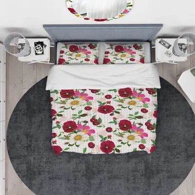 Design Art Designart Pansies, Cherries And Roses On Dotted Background Duvet Cover Set In Pink,red