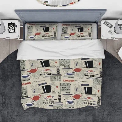 Design Art Designart Retro London Good Morning Duvet Cover Set In Ivory,cream,red