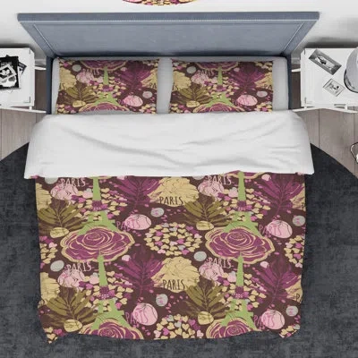 Design Art Designart Retro Paris Eiffel Rose With Hearts Duvet Cover Set In Yellow,gold,brown