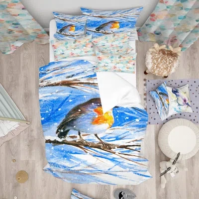 Design Art Designart Robin In Winter Duvet Cover Set In Blue