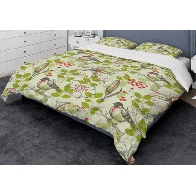 Design Art Designart Small Bird And Lilies And Little Hearts Duvet Cover Set In Green,red