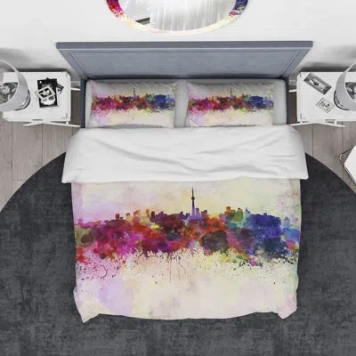 Design Art Designart Toronto Skyline Duvet Cover Set In Purple,yellow