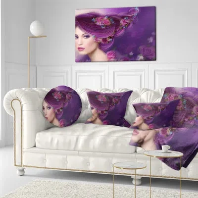 Design Art Designart 'woman With Purple Hair' Abstract Portrait Throw Pillow