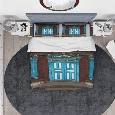 Design Art Designart Wood Carvings On Wooden House Door Duvet Cover Set In Blue;white