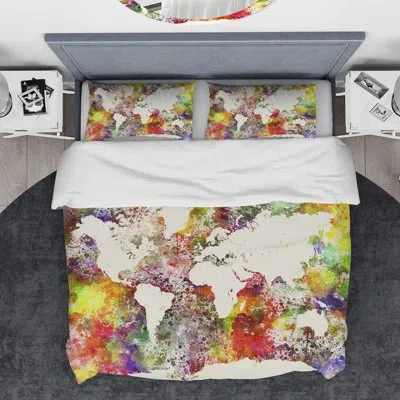 Design Art Designart World Map In Great Colors Duvet Cover Set In Red,green,yellow