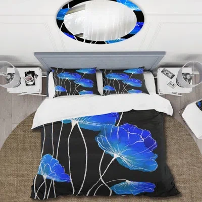 Design Art Detail Of Blue Flowers On Black Ii - Traditional Duvet Cover Set - Microfiber Polyester In Blue,matte Black
