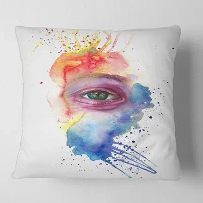 Design Art Detail Of Eye In Multi-colored Face Portrait - Bohemian & Eclectic Printed Throw Pillow In Blue