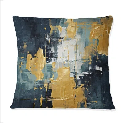 Design Art Dialogue With Hope Abstraction On Retro Blue Ii - Abstract Painting Printed Throw Pillow In Blue;gold