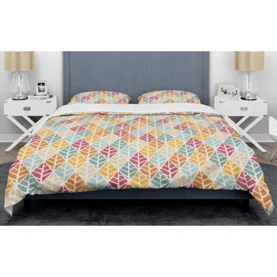 Design Art Diamond Retro X - Vintage Abstract Duvet Cover Set - Microfiber Polyester In Yellow,red
