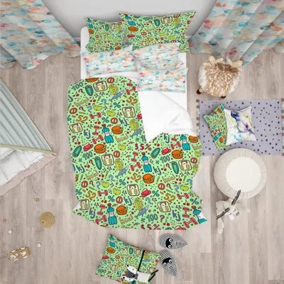 Design Art Diet Green Pattern - Food Nature Duvet Cover Set - Microfiber Polyester In Green;orange