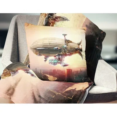 Design Art Dirigible Balloon In Sky Over City - Landscape Printed Pillow In Beige;tan