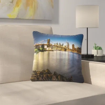 Design Art Distant View Of Brooklyn Bridge - Cityscape Printed Pillow In Blue