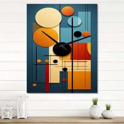 Design Art Divination Abstract Circular Retro Geometrics Ii - Modern Geometric Wall Clock Oversized In Blue;yellow