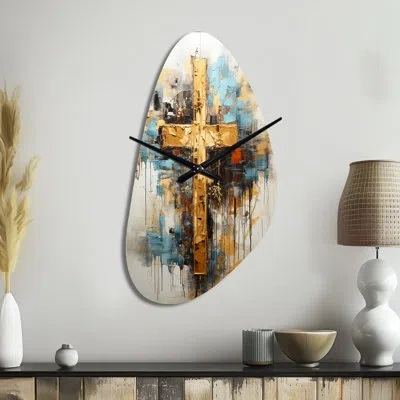 Design Art Divine Love Religious Cross Iii - Landscape Asymmetrical Metal Clock, Traditional Irregular Shape Wa In Gold