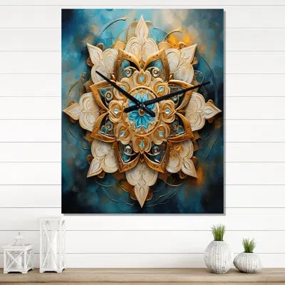 Design Art Divine Mandala In Vintage Gold And Turquoise Ii - Boho Mandala Vintage Wall Clock In Blue;gold