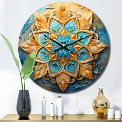 Design Art Divine Mandala In Vintage Gold And Turquoise Metal Wall Clock In Blue;gold