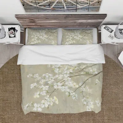 Design Art Dogwood In Spring Neutral - Farmhouse Duvet Cover Set - Microfiber Polyester In Green