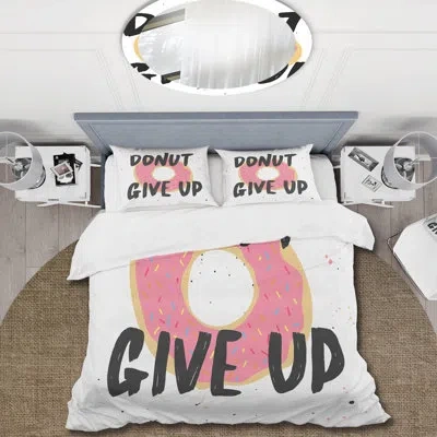 Design Art Donut Give Up - Traditional Duvet Cover Set - Microfiber Polyester In Pink,beige,black