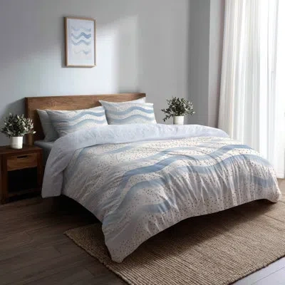 Design Art Dots Comforter Set Of 6 - Ivory Dotted Wave Sky Ivory Comforter Bedding Set In Ivory;blue
