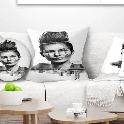 Design Art Double Exposure Woman With Hair - Portrait Printed Pillow In Black