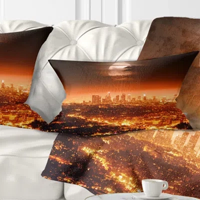 Design Art Dramatic Full Moon Over Los Angeles Cityscape Pillow In Red;orange